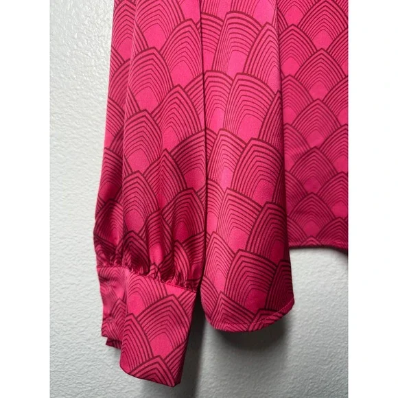Worthington Pink Art Deco Geometric Bow Tie Blouse Mock Neck Satin Top 2X - Picture 3 of 9